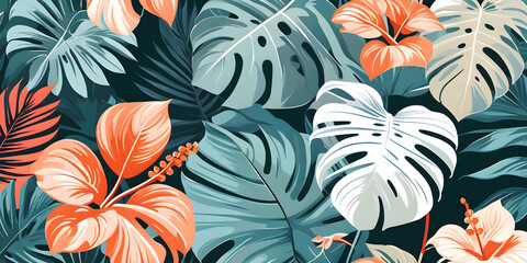 Poster - Floral tropical wallpaper. Background for the wall. Vector illustrations of trendy flowers, palm leaves, nature, monstera and plants in muted colors for a greeting card, poster or banner