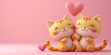 Cute Cats In Love Positive Background. Valentine's Day Wallpaper. Cats Kawaii Style. Volumetric Figurines Of Cats In 3D Style. Digital Artwork Raster Bitmap. 