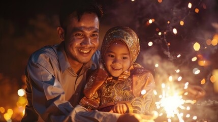 parent and child at night, a father and mother and their child are playing with fireworks during the Eid al-Fitr celebration