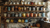 Fototapeta Konie - A collection of ceramic mugs hanging from hooks beneath open shelves, each one imbued with its own unique character and charm.
