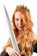 Portrait of a red-haired princess with a sword in her hands.