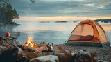 Fototapeta  - Coffee pot on camping fire, tent, folding chair table. Morning mist view on the beach background of campfire