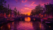 Canals of Amsterdam at twilight, bikes and bridges under a glowing sky