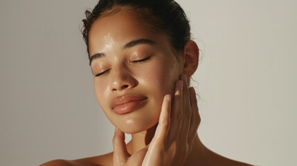 Poster - close-up portrait of a young woman with freckles on her face, touching her cheeks with her hands.