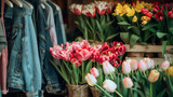 Fototapeta Tulipany - Vibrant Tulips at a Flower Market with Fashionable Clothing