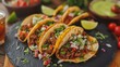 Gefüllte mexikanische Tacos serviert auf einer schwarzen Schieferplatte