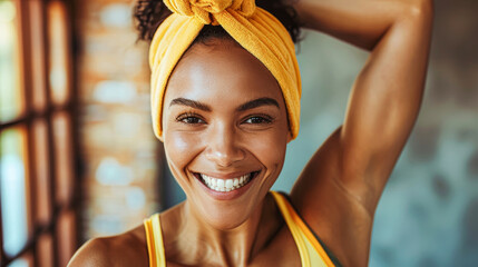 Wall Mural - A woman with a yellow headband is smiling and looking at the camera. She is wearing a yellow tank top and she is happy