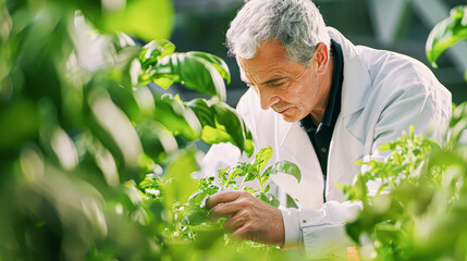 Poster - A man in a white lab coat is examining a plant in a garden