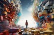 A child stepping into a pixelated world made of colorful building blocks. A playful and dynamic energy to the scene, showcasing the limitless possibilities of creativity within a virtual space.