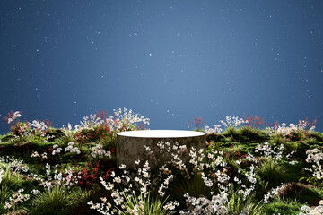 Wall Mural - Abstact 3d render Natural background, Stone podium on the colorful flowers and grass field, backdrop night sky and star for product display, advertising, mockup, cosmetic or etc