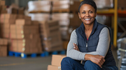Wall Mural - middle-aged woman with short hair, wearing a vest over a long-sleeved shirt and jeans, sitting in a warehouse setting with arms crossed and a smile
