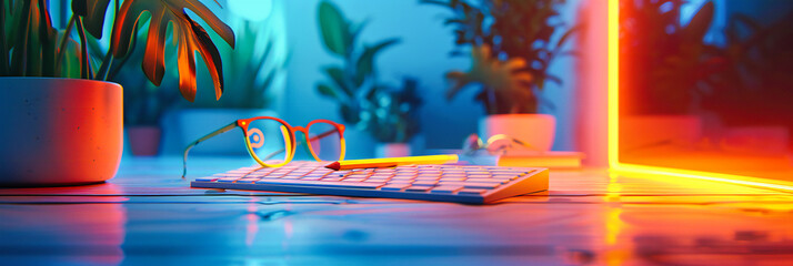 Modern computer desk setup, technology and business concept, office workspace with laptop and glasses