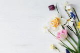 Fototapeta Tulipany - Happy womens day and Mothers day. Stylish spring flowers flat lay on rustic white table, space for text. Beautiful daffodils and tulips bouquet border on wood. Hello spring, floral banner