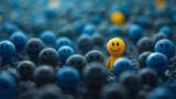 Fototapeta Do akwarium - A 3d yellow icon smiling person standing out among a crowd of grey sad blue people, symbolizing individuality and nonconformity