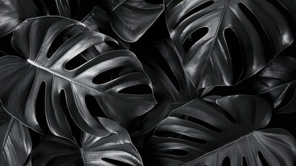 Close-up view of dark monstera deliciosa leaves with a moody, gothic twist contrasting their natural vibrant green color