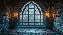 Medieval Castle Interior With Sunlight Through Windows, Ancient Architecture And Mysterious Dark Room