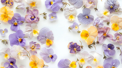 Wall Mural - spring flowers background - pressed flowers arrangement, light violet and yellow, Tabletop photography, naturalistic details, white background, contemporary diy.