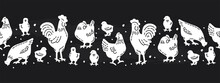 Black White Seamless Border With Silhouettes Of Chickens.Horizontal Banner With Hens, Chicks And Roosters.Farm Animals Pattern With Cute Birds Decorated With Lines And Dots.Vector Print On Fabric. 