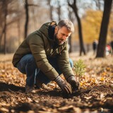 Fototapeta  -  A man planting trees in a park. The concept of Earth Day.