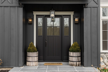 Wall Mural - A front door detail of a black modern farmhouse with a black front door,  and black light fixtures.