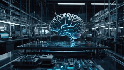 Wall Mural -  neural artificial intelligence brain in factory lab for futuristic research, technology innovation and machine learning network IQ of generative art and AI tools as wide banner hologram