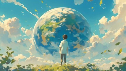 a young man stands on a hill looking at the earth. the sky is blue and the earth is large