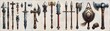 Medieval weaponry collection, including a broadsword, a battle axe, a mace, and a longbow with quiver of arrows, each with intricate designs, isolated on a transparent PNG background