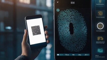 Wall Mural - smartphone digital identity and cybersecurity of personal banking or investment safety online concept, wide banner of mobile phone using biometric digital finger print and Two-factor authentication