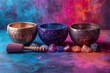Tibetan singing bowl and mallet with tumbled healing stones on colorful gradient background, sound therapy