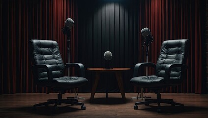 Wall Mural - two chairs and microphones in podcast or interview room isolated on dark background as a wide banner for media conversations or podcast streamers concepts with copyspace