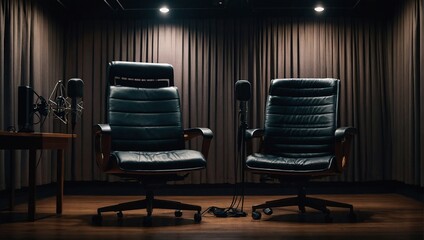 Wall Mural - two chairs and microphones in podcast or interview room isolated on dark background as a wide banner for media conversations or podcast streamers concepts with copyspace