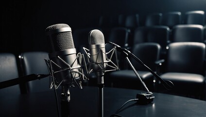 Wall Mural - two chairs and microphones in podcast or interview room isolated on dark background as a wide banner for media conversations or podcast streamers concepts with copyspace