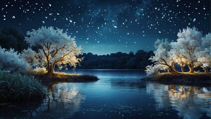 Wall Mural - white trees of life or meditation relaxation concept with glowing golden fireflies in mystical fantasy abstract blue night sky showered by moonlight over river lake as wide banner