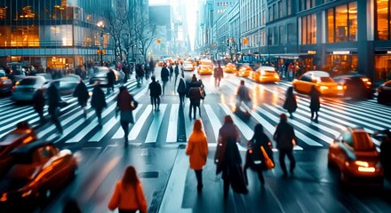 time-lapse unrecognizable blurry lot of people crowd crossing city street, busy crossroad, many pede