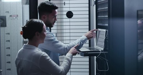 Leinwandbilder - Business team, server room and laptop for system maintenance, hardware or software backup in cybersecurity. People or technician on computer for support, coding inspection and data center solution