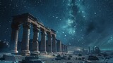 Fototapeta  - A breathtaking view of ancient Egyptian ruins standing resilient under a captivating star-studded desert night sky.