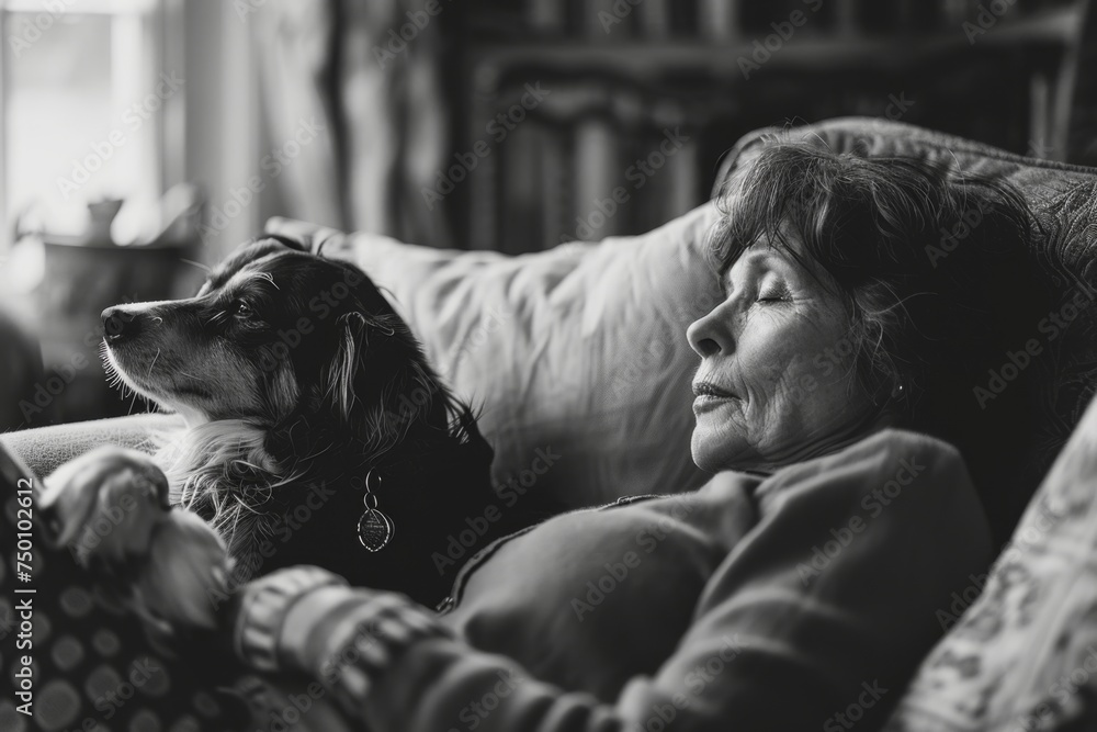 Elderly woman relaxing on a couch with her dog. Comfortable living and ...