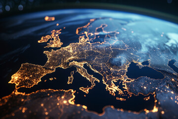 Space view on Europe continent with city lights at night time. Global networking and futuristic technology development