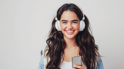 
An energetic young model wearing wireless headphones is having a lot of fun in a closed white room. The dark-haired girl wears casual clothes, holds a phone in her hand, and smiles cutely at the came