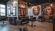 spacious, well-lit hair salon, featuring sleek styling stations, large mirrors, and comfortable chairs, awaits clients for a luxurious styling experience.
