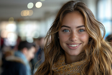 Sticker - In a terminal, a positively smiling young woman exudes beauty and confidence with joyful charm.