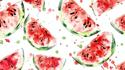 Wall Mural - Watercolor watermelon slices on white background