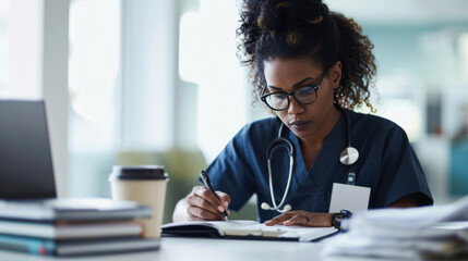 Doctor or a nurse, wearing scrubs and a stethoscope, working at a desk with a laptop and medical textbooks.