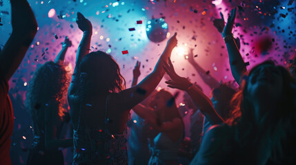 Poster - Dynamic scene of people dancing and celebrating at a party or club with confetti in the air and colorful lights in the background.