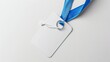 A blank badge mockup isolated on white, featuring an empty name tag hanging on a neck with a string, including a blue ribbon and transparent plastic paper holder, suitable for corporate designs