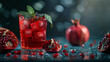 Pomegranate juice with fresh pomegranate fruits on wooden background. soft drink with lime, mint and ice,Pomegranate cocktail with ice and mint on a dark background,Cold drink with berries and ice, 
