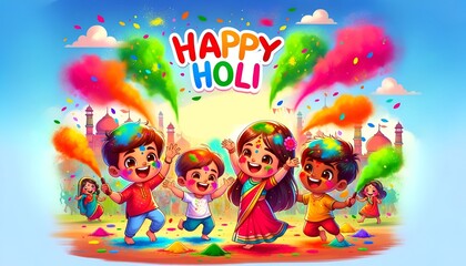 Sticker - Illustration for holi with a cheerful cartoon children playing with powders.