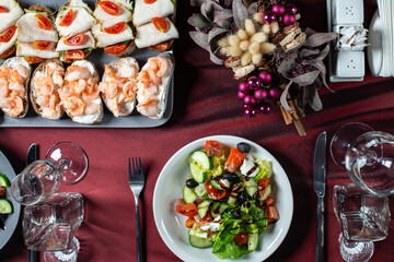 Poster - Bruschetta with shrimp, ham, cream cheese, cherry tomatoes and Greek salad of fresh cucumber, tomato, sweet pepper, lettuce, feta cheese and olives.