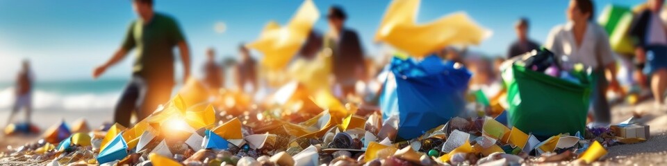 Abstract colorful illustration of volunteers cleaning up trash on beach, environmental theme, blurred background for social media banner, website and for your design, space for text