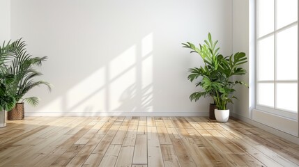 A room featuring two potted plants placed near a window